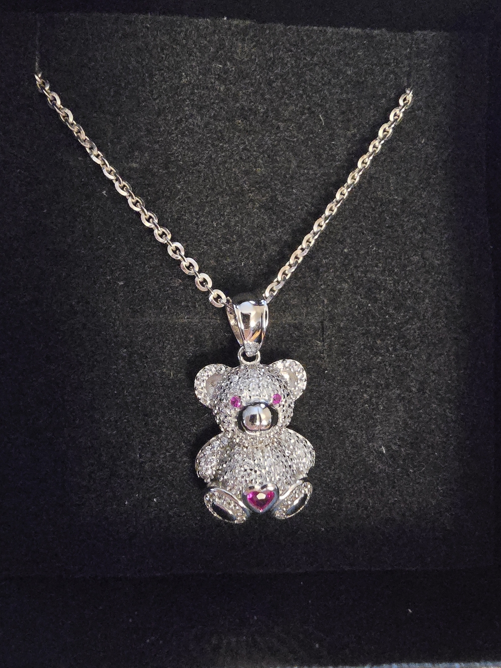 18" Sterling Silver Teddy Bear Necklace - Iced w/  Moissanite & Lab Created Ruby